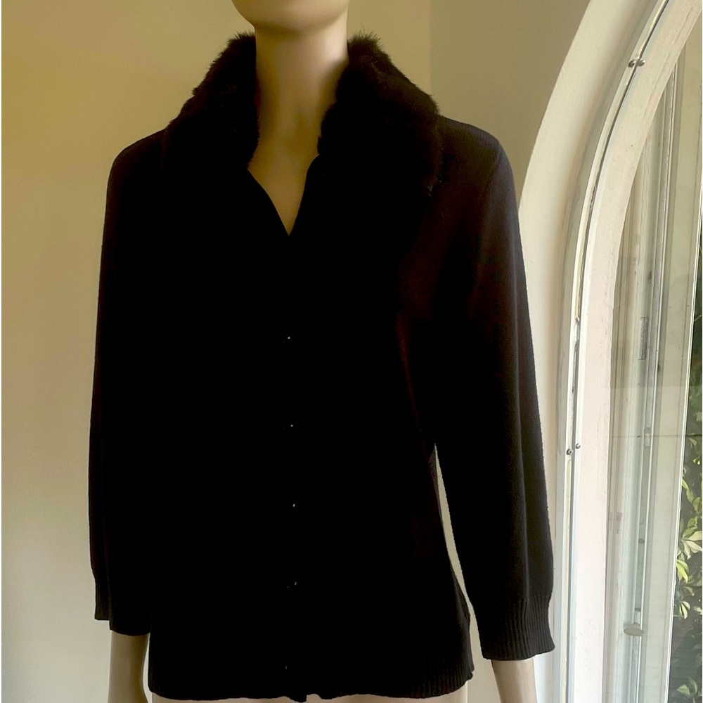 American Living Black Knit Cardigan with Faux Fur Collar 3” EUC Size L